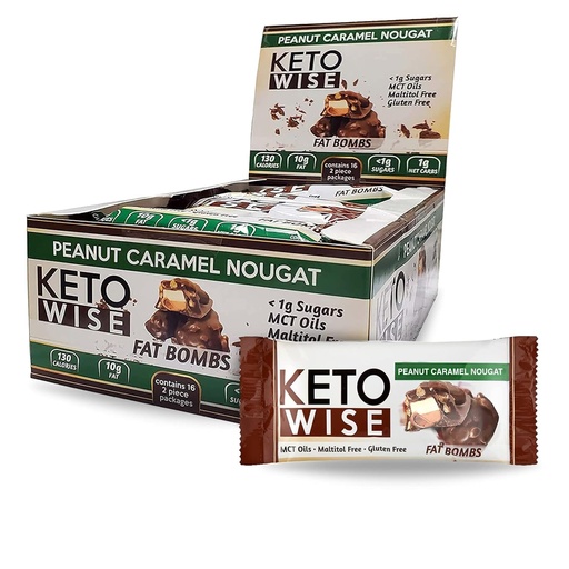 [BRSWYFLRDN6QK335] Keto Wise Fat Bombs - Made with Chocolate containing MCT Oil - Low Fat, Low Carb and Keto Friendly Snack - 7g Fat, 2g Net Carbs | Peanut Caramel Nougat, Pack of 16