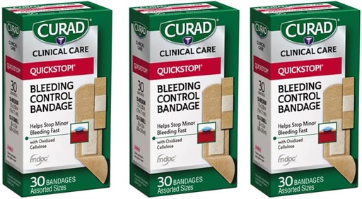 [BRSWGC3QO4CRGAI7] Curad Quickstop Flex-Fabric Bandages, Quickstop Bleeding Control Technology, Assorted Sizes, 30 Count (Pack of 3)