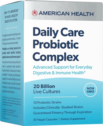 [BRSW2ZIPOAJQA3TX] AMERICAN HEALTH Daily Care Probiotic Complex, 20 Billion Microorganisms - Clinically Studied Strains - Advanced Support for Everyday Digestive & Immune Health - 30 Capsules, 30 Total Servings