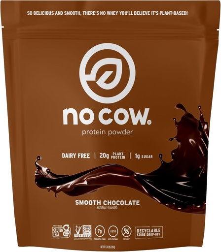 [BRSWY2QKCR7GG3TA] No Cow Vegan Protein Powder, Chocolate, 20g Plant Based Protein, Recyclable Bag, Dairy Free, Soy Free, No Sugar Added, Keto Friendly, Gluten Free, Naturally Sweetened, Non GMO, Kosher, 1.74 Pound