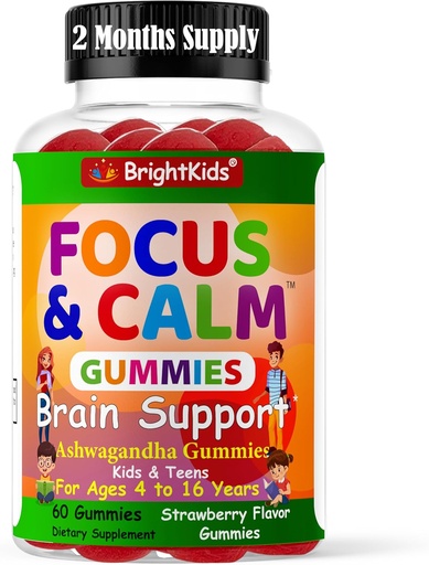 [BRSRO2YPBEMRADQV] BrightKids Focus & Calm Gummies for Kids with Ashwagandha – Supports Attention, Concentration, Relaxation, Mood & Energy – Natural Stress Relief Supplement, Tasty Berry Flavor, Vegan, 60 Days Supply
