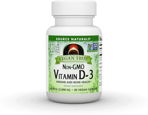 [BRSRMBICOJ6GMYDB] Fuente Naturales Vegan True, No GMO Vitamina D-3, Suplemento dietético para la salud de los inmunes y los huesos*, 2.000 UI - 30 cápsulas