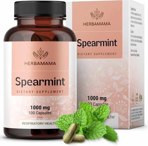 [BRSWGA35OR7AY3TZ] HERBAMAMA Spearmint Leaf Capsules - 1000mg Spearmint Leaves for Gut Cleanse & Digestive Support - Vegan, Non-GMO Mentha Spicata Supplement