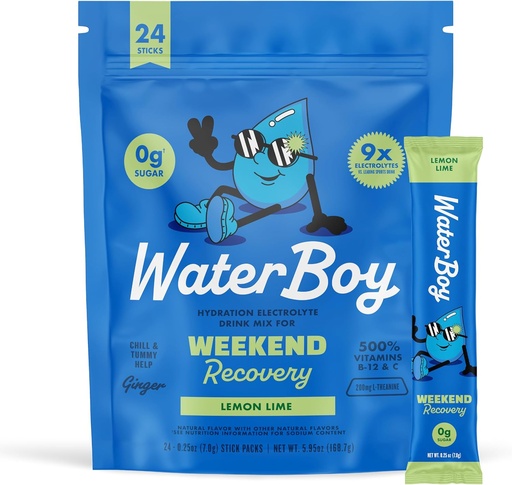 [BRSROYIHOUNQGYDX] Waterboy Weekend Recovery | 3,200mg Electrolyte Powder Packets | Ginger + L-Theanine + Vitamins | No Sugar, All Natural, Gluten Free | 24 Drink Stick Mixes (Lemon Lime)