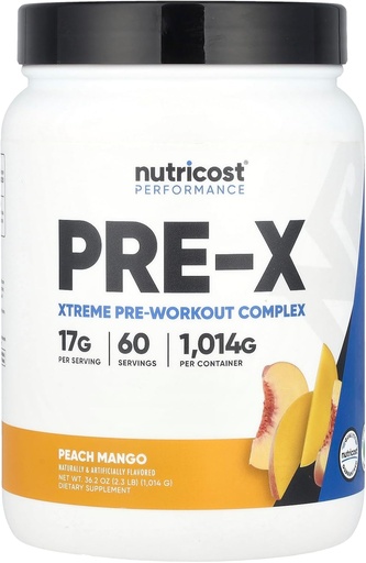 [BRSWGCQPBUNGGALJ] Nutricost Pre-X Xtreme PreWorkout Powder Complex, Peach Mango, 60 Servers, Vegetarisch, Non-GMO en Glutenvrij