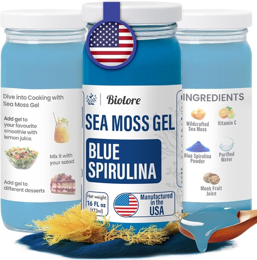 [BRSRAAALOZ7GGCA4] Biolore Wildcrafted Sea Moss Gel - Blue Spirulina 16 oz - Flavored Sea Moss Gel com vitaminas essenciais & Trace Minerals - Vegan Superfood - Made in USA, Gluten-Free, No Added Sugar