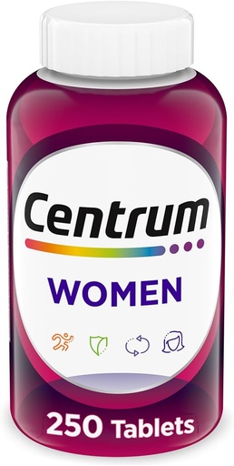 [BRSW2EA3BEDRE3Y4] Multivitamine centrum pour les femmes, supplément multivitamine/multiminérale avec fer, vitamine D3, vitamine B et vitamines antioxydantes C et E, sans gluten, ingrédients non OGM - 250 Nombre