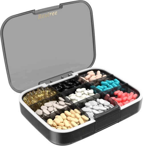 [BRSW2HAEOZYWMHT7] Restree Large Pill Organizer, Moisture Proof & Waterproof Travel Pill Case, Portable Medication Box with Adjustable Dividers for Vitamins Supplements Fish Oil and Daily Pills 9 Compartments (Black)
