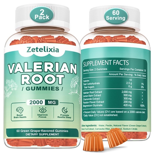 [BRSRAA36AUCWCGY6] 2 Pack Organic Valerian Root Gummies for Sleep, Melatonin Free, 120 Count | Natural herbal supplement for relaxation, calm and restful sleep. Vegan, non-GMO, gluten free, green grape flavor.