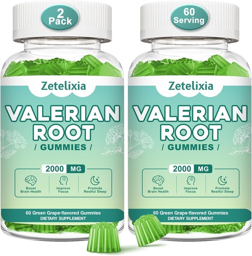 [BRSRAA36AUCWCGY6] 2 Pack Organical Valerian Root Gummys, Natural Calm to Help Relaxization, 草药支持补充, Melatonin Free, Non-GMO, Gluten Free, Vegan, Green Grape Flavor, 120 Counter (英语).