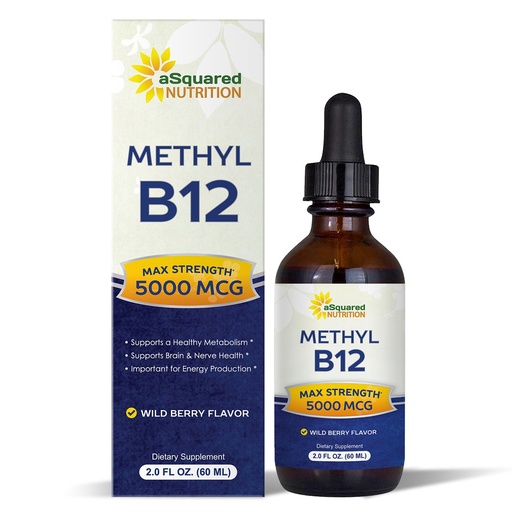 [BRSWGYYOCMPGOFDF] aSquared Nutrition Vitamin B12 Sublingual Liquid Drops - 5000 MCG Supplement with Methylcobalamin (Methyl B-12) - Max Absorption B 12 to Increase Energy - Vegan Friendly - 2 fl oz
