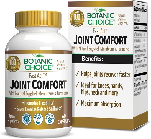 [BRSWYYIKCMCAMD3B] Botanic Choice Fast Act Joint Comfort with NEM Natural Eggshell Membrane, Turmeric Curcumin, Bioperine, & White Willow Bark, Supports Joint Health, 60 500mg Capsules