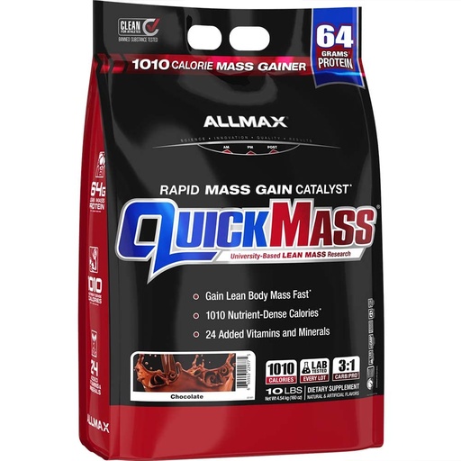 [BRSRMBT4CB5QMEQ2] ALLMAX QUICKMASS, Chocolate - 10 lb - Rapid Mass Gain Catalyst - Up to 64 Grams of Protein Per Serving - 3:1 Carb to Protein Ratio - Zero Trans Fat - Up to 70 Servings