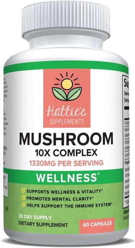[BRSRMGTQORYA43QY] Hattie's Supplements Mushroom 10x 1330mg, 60 Capsules