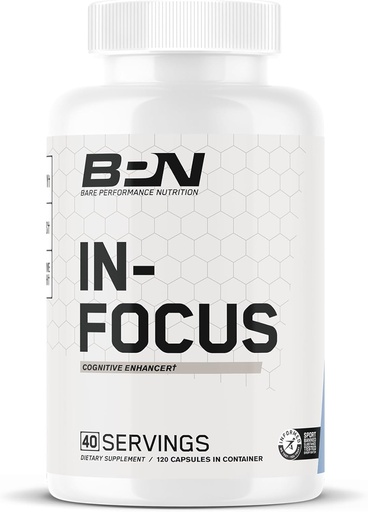 [BRSRO2YDCEGRYYDF] BARE PERFORMANCE NUTRITION BPN in-Focus Brain Supplement for Memory & Focus Caffeine Pills, 1g of L Tyrosine per Serving + Alpha GPC, 40 Servings, Gluten Free + Vegan
