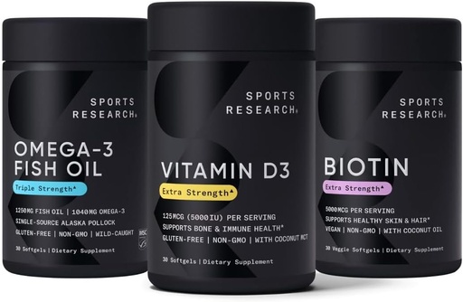[BRSRAYY7CUNWC3IZ] Sports Research Triple Strength Omega 3 Burpless Fish Oil 1250mg from Wild Alaska Pollock, Vitamin D3 5000 IU with Coconut MCT Oil (125mcg) and Vegan Biotin 5000mcg Vitamin B7-30 Softgels Each