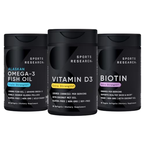 [BRSRAYY7CUNWC3IZ] Sports Research® Body Wellness Pack - Triple Strength Omega-3 Fish Oil 1250mg from Wild Alaska Pollock, Vitamin D3 5000 IU with Coconut MCT Oil (125mcg) and Vegan Biotin 5000mcg Vitamin B7