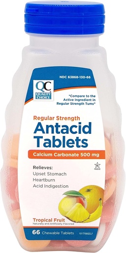 [BRSROFI3DEORA3AU] Quality Choice, Tropical Fruit Flavored Regular Strength Calcium Carbonate 500mg, Chewable Antacid Tablets, 66 Count, Heartburn and Acid Indigestion.