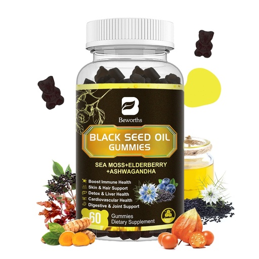 [BRSROHQOAUBGOFLP] Black Seed Oil Gummies with Ashwagandha & Irish Sea Moss & Elderberry – Immune Support Supplement with Vitamin C, D3, Zinc, Nigella Sativa Black Cumin Gummy for Hair Growth & Joint Health - 60 Vegan