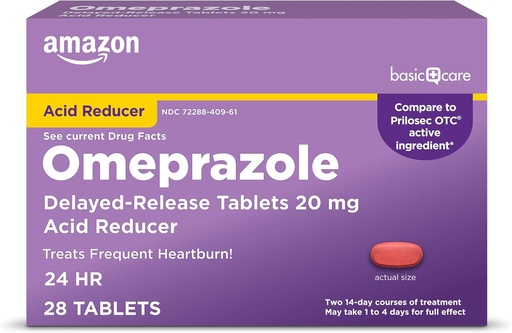 [BRSWGGAEAANGEDL3]   Basic Care Omeprazole Delayed Release Tablets 20 mg, Treats Frequent Heartburn, Acid Reducer, Heartburn Medicine, 28 Count (Packaging may vary)
