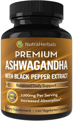 [BRSWKFITAICQGHTC] Ashwagandha Supplement Made with Premium Ashwaganda Root Powder 1200mg with Black Pepper Extract for Increased Absorption - 120 Capsules