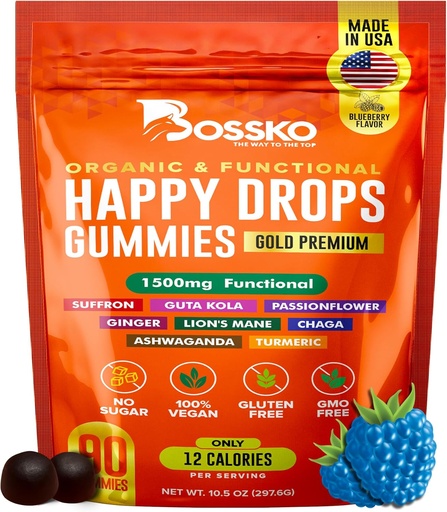 [BRSRAEI5DMDQGCL7] Happy Drops – Daily Superfood Gummies for Mood Support, Focus and Energy – Sugar-Free, Vegan, Blueberry Flavor – 90 Gummies for Adults – Daily Support for Mood, Focus and Natural Energy