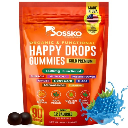 [BRSRAEI5DMDQGCL7] Happy Gummy Supplement 8-in-1 Advanced Formula Calm & Focus Support Gummies, Sugar-Free Saffron Chews with Passion Flower & Daily Mood Balance Supplement Blueberry Flavor – 90 Gummies
