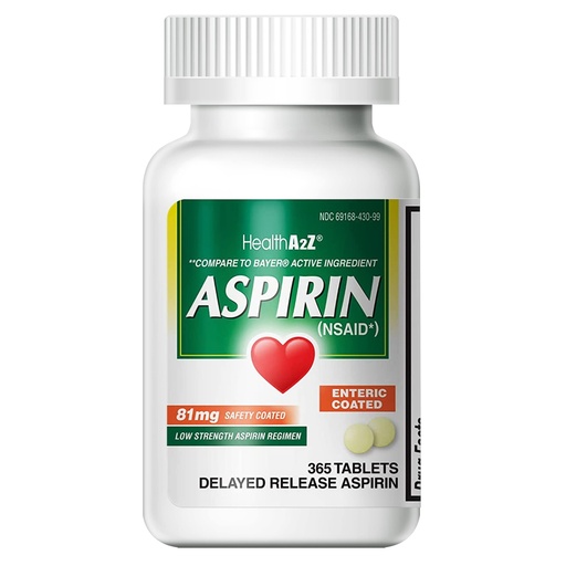 [BRSW2ZIBCAIGO3L6] HealthA2Z® Aspirin 81 mg | Low Strength | Enteric Coated | Pain Relief | Reduces Minor Aches Muscle Pain & Cramps | Fever Reducer | Reduces Headache (365 Counts)