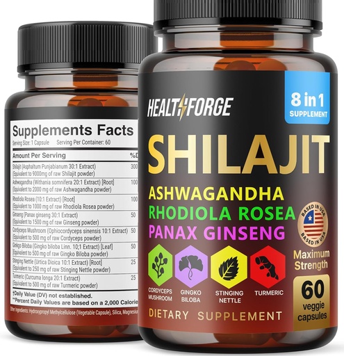 [BRSRAYIPBEDREHTG] Shilajit Capsules Organic Extract Blend 60 Capsules for Men & Women - Shilajit Supplement 9000mg Ashwagandha, Immune Support Supplement 2000mg Rhodiola Supplement, Ginko Ginkgo Biloba