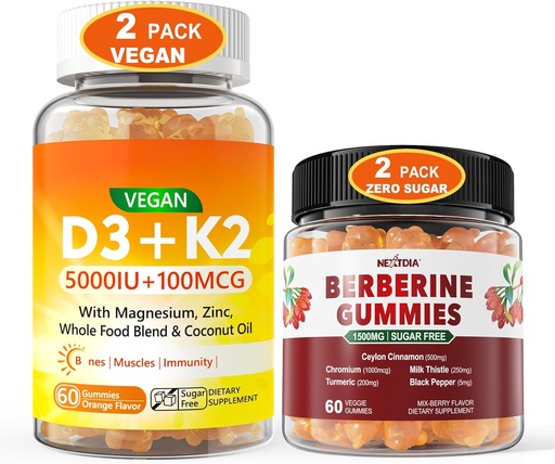 [BRSRA234DJ6WKYI6] 2Pack Vegan Vitamin D3 5000IU K2 Gummies+ 2Pack Berberine Supplement 1500mg Gummies