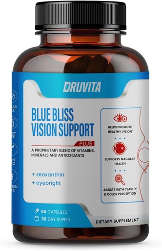 [BRSROADYDEAWAETH] Blue Bliss Vision Support - Eye Vitamins with Lutein, Biotin, Bilberry and Zeaxanthin - Vitamin Supplement for Vision Health and Preservation for Adults Seniors 60 Veggie Capsules 30 Day Supply