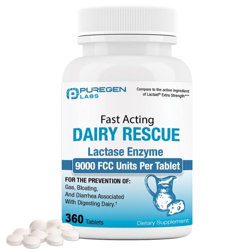 [BRSROZALB55B6G3D] Puregen Labs Dairy Relief Fast Acting Lactase Enzyme 9000 FCC, Lactose Intolerance Pills 360 Tablets