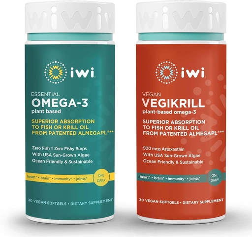 [BRSRAYLRAR5BOAIV] Iwi Omega-3 Essential & Vegikrill Omega-3 Bundle, 30 Servings, Vegan Planta-baseada Algas Omega 3, Krill & Fish Oil Alternative, Sem gosto de peixe