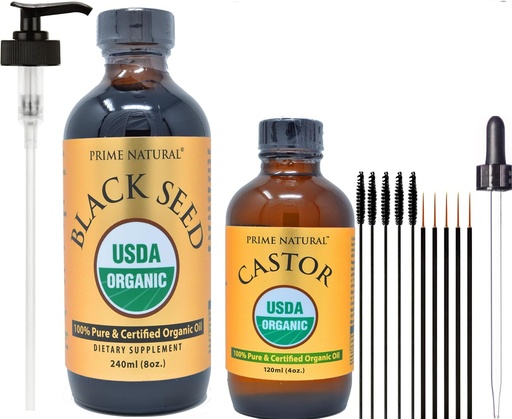 [BRSROAL7OYCBECLA] PRIME NATURAL Organic Black Seed Oil & Organic Castor Oil - 2 Oil Bundle - USDA Certified - Cold Pressed, Virgin, Unrefined, Vegan, Non-GMO, No Preservatives