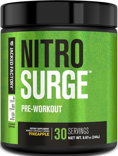 [BRSWGBTROV7RM2QY] Jacked Factory NITROSURGE Pre Workout Papildinājums - Bezgalīga enerģija, Tūlītējs spēks Gains, Clear Focus, Intensīvi sūkņi - NO Booster & Powerful Preworkout Enerģijas pulveris - 30 Kalpo, Ananass