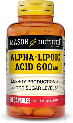 [BRSWECQBOIMBMA3D] MASON NATURAL Alpha Kyselina lipoová 600 mg za obsluhu, lepok zadarmo ALA doplnok, 30 kapsúl