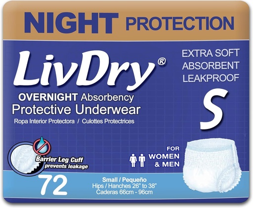 [BRSWGYITB4NQKH3L] LivDry Adult S Incontinence Underwear, Overnight Comfort Absorbency, Leak Protection, Small, 72-Pack