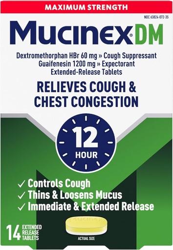 [BRSWIYYDBMIAIHT6] Cough Suppressant and Expectorant, Mucinex DM Maximum Strength 12 Hour Tablets, 14ct, 1200 mg Guaifenesin, Relieves Chest Congestion, Quiets Wet and Dry Cough, 1 Doctor Recommended OTC Expectorant