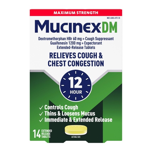 [BRSWIYYDBMIAIHT6] Mucinex DM 12Hr Maximum Strength Chest Congestion & Cough Medicine For Adults, Cold And Cough Medicine for Excess Mucus Relief, 1200 mg Guaifenesin & 60 mg Dextromethorphan HBr, 14 Bi-Layer Tablets