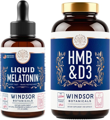 [BRSROCY5AQNGMCDZ] WINDSOR BOTANICALS HMB with Vitamin D3 Supplement and Liquid Melatonin 3mg - Workout and Recovery Bundle
