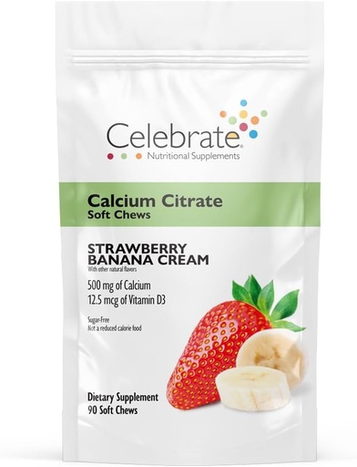 [BRSWGZADAUMR4HL2] Celebrate Vitamins Bariatric 500mg Calcium Citrate Soft Chews with 500 IU Vitamin D3 – Essential for Gastric Bypass Patients & Bone Health - Sugar & Gluten Free, Strawberry Banana Cream (90 Chews)