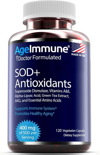 [BRSRMBILCUOQK2DB] SOD Antioxidants Complex Healthy Aging Supplement - 400mg of Superoxide Dismutase - Alpha Lipoic Acid - Green Tea Extract - L-Arginine - Lysine - AKG - Vitamins A and E for Immune Support-120 Capsules