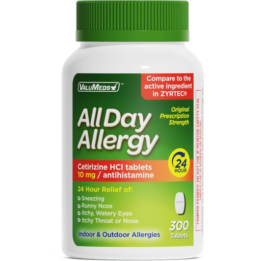 [BRSWGGIPCMCRAHTP] ValuMeds 24-Hour Allergy Medicine Antihistamine for Pollen, Hay Fever, Dry, Itchy Eyes, Allergies | Cetirizine HCl 10mg Caplets, Compare to Leading Brand (300 Count)