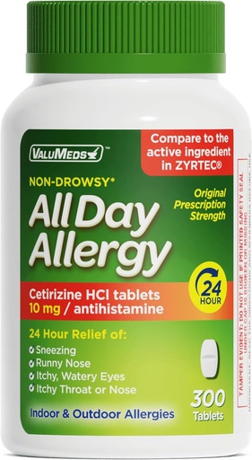 [BRSWGGIPCMCRAHTP] ValuMeds 24-Hour Allergy Medicine Antihistamine for Pollen, Hay Fever, Dry, Itchy Eyes, Allergies | Cetirizine HCl 10mg Caplets, Compare to Leading Brand (300 Count)