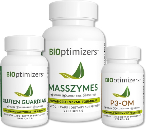 [BRSWGGABDEFQGH3Z] BiOptimizers Complete Gut Health Bundle - Ruoansulatuskanavan entsyymit probiootit ja prebiootit - turvotusta lievittävä ja digestiivinen tasapaino - P3-OM, Gluten Guardian, MassZymes (270 kapselia)