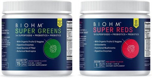 [BRSW2C37OQNWGDTX] BIOHM Super Reds and Greens Bundle, Superfood Powder with Probiotics and Digestive Enzymes, Packed with Antioxidants and Polyphenols, Allergen Free, Non-GMO, Vegan - 30 Servings Each