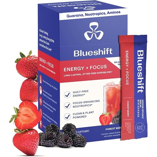 [BRSRAFQHAABBMALP] Blueshift Energy + Focus - Less-Sweet Super Clean Plant-Based Energy Drink for Adults, with Guarana, Green Tea, Rhodiola, Caffeine, B Vitamins for Clarity & Focus, No Sugar - Powder Sticks (10 Pack)