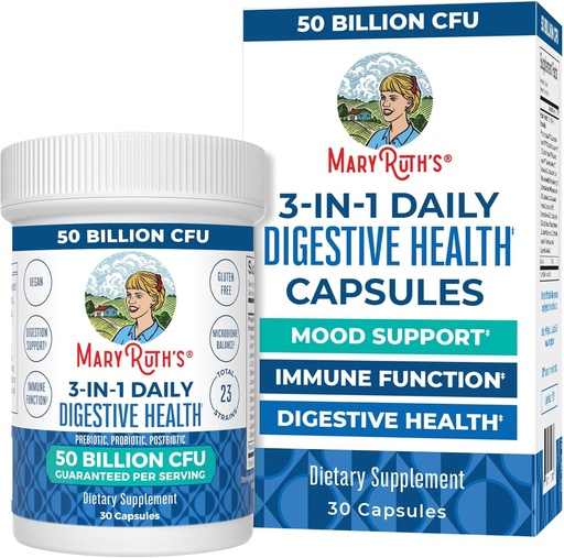 [BRSRMBICPJYR4CTP] MaryRuth's 3-in-1 Probiotics for Digestive Health | Prebiotic & Postbiotic | Gut Health Supplement for Women & Men | 23 Unique Strains | Immune Support | 50 Billion CFU | 30 Servings