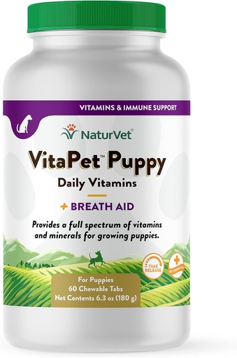 [BRSWIYQZOR7BQYA3] NaturVet VitaPet Puppy Daily Vitamins Plus Breath Aid for Puppies, 60 ct Time Release, Chewable Tablets, Made in The USA with Globally Source Ingredients