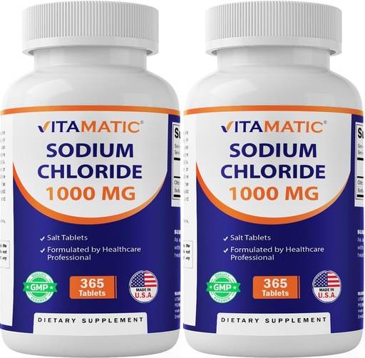 [BRSRAGIEBEMQEHIZ] Vitamatic Sodium Chloride 1000mg – 365 Tablets -2 Bottles Electrolyte Replenisher & Hydration Support – Non-GMO, Gluten-Free
